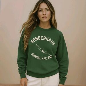 Sonderhaus Kallbad Crewneck Sweatshirt Green Athleisure Graphic Print NWT Size L